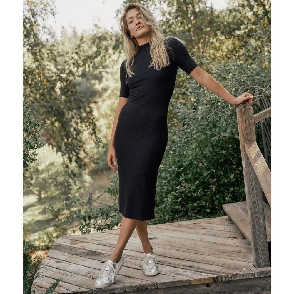 Marine Layer Lexi Rib Mock Neck Midi Dress in Black Large